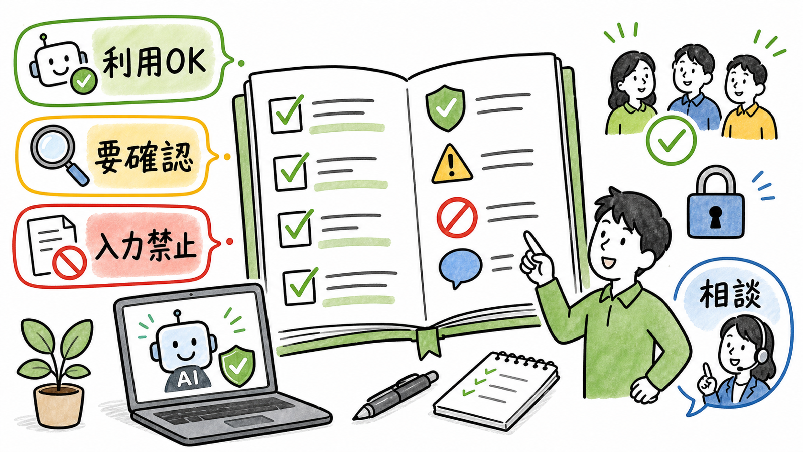 生成AI利用規程テンプレートのポイントをまとめた手描き風イラスト