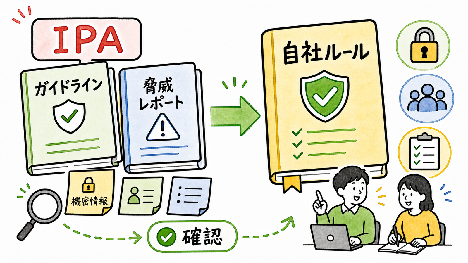 IPAの生成AIガイドラインの要点をまとめた手描き風イラスト